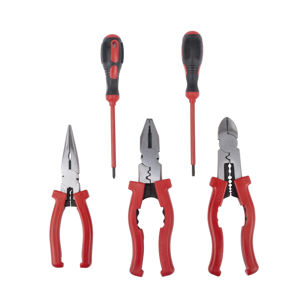 Kit de 3 Pinzas Aisladas + 2 Desarmadores Aislados de Electricista. Ideal para trabajos en Tableros Eléctricos.
