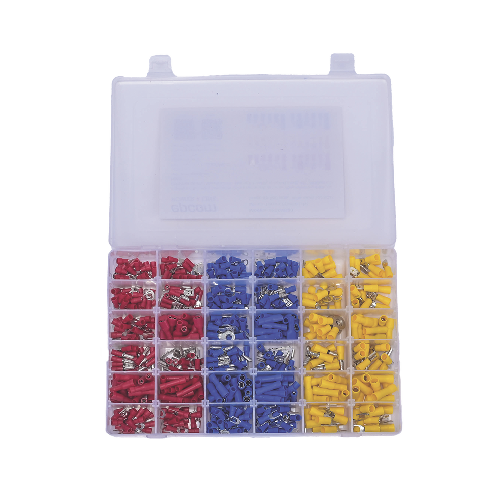580-piece set of assorted terminals with lining and storage box.