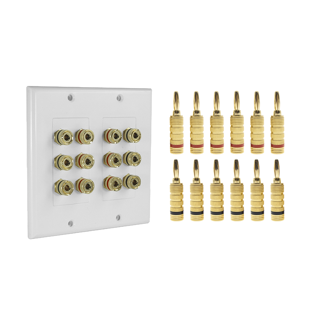 KIT 1 Placa de Pared + 6 Pares Conectores Banana (Rojo+Negro) | Postes de Unión Tipo Banana | Conexión para 6 Altavoces | Fácil Instalación | Conectores Chapados en Oro