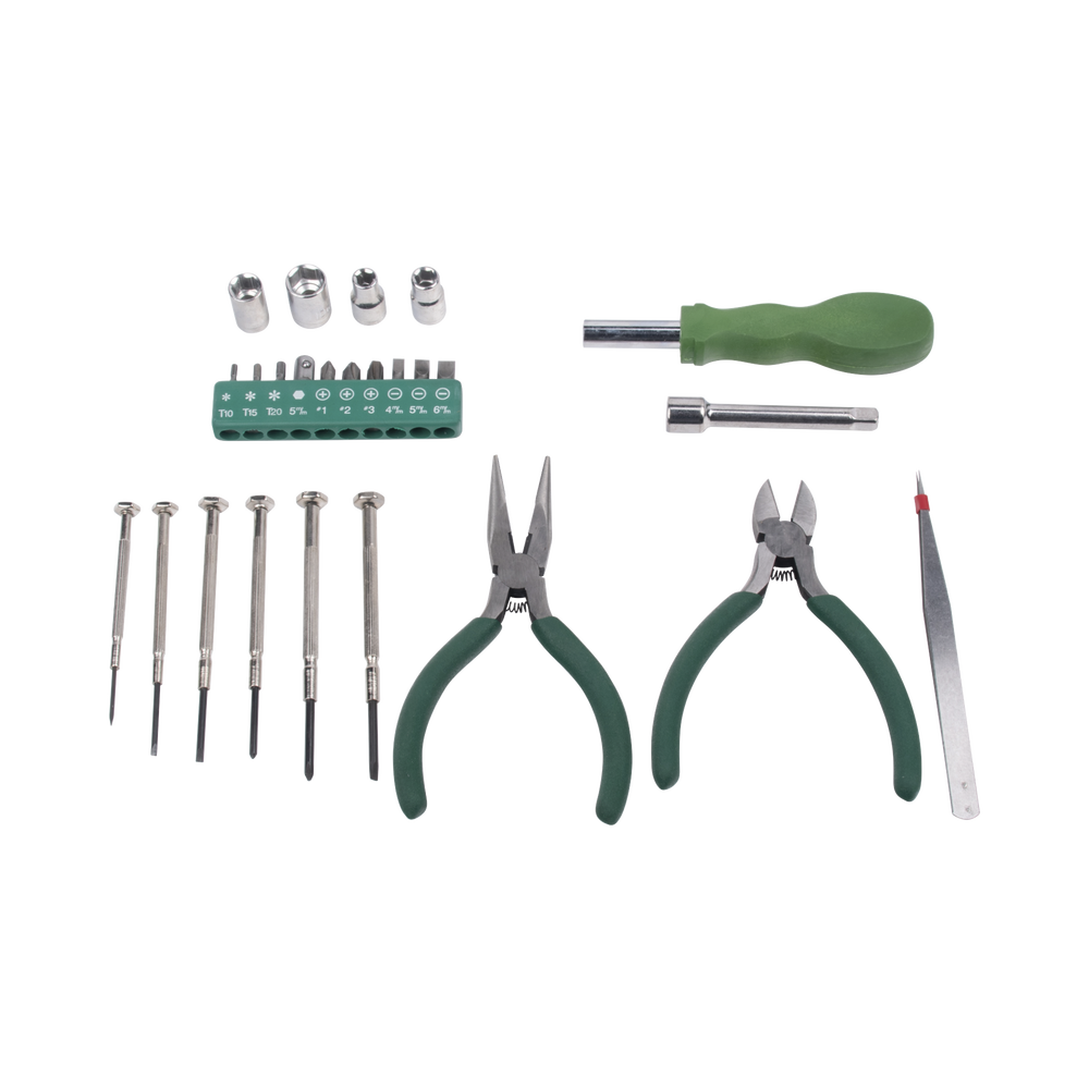 25-Piece Portable Tool Set (Fine Screwdrivers + Tweezers + Bits + Handle).