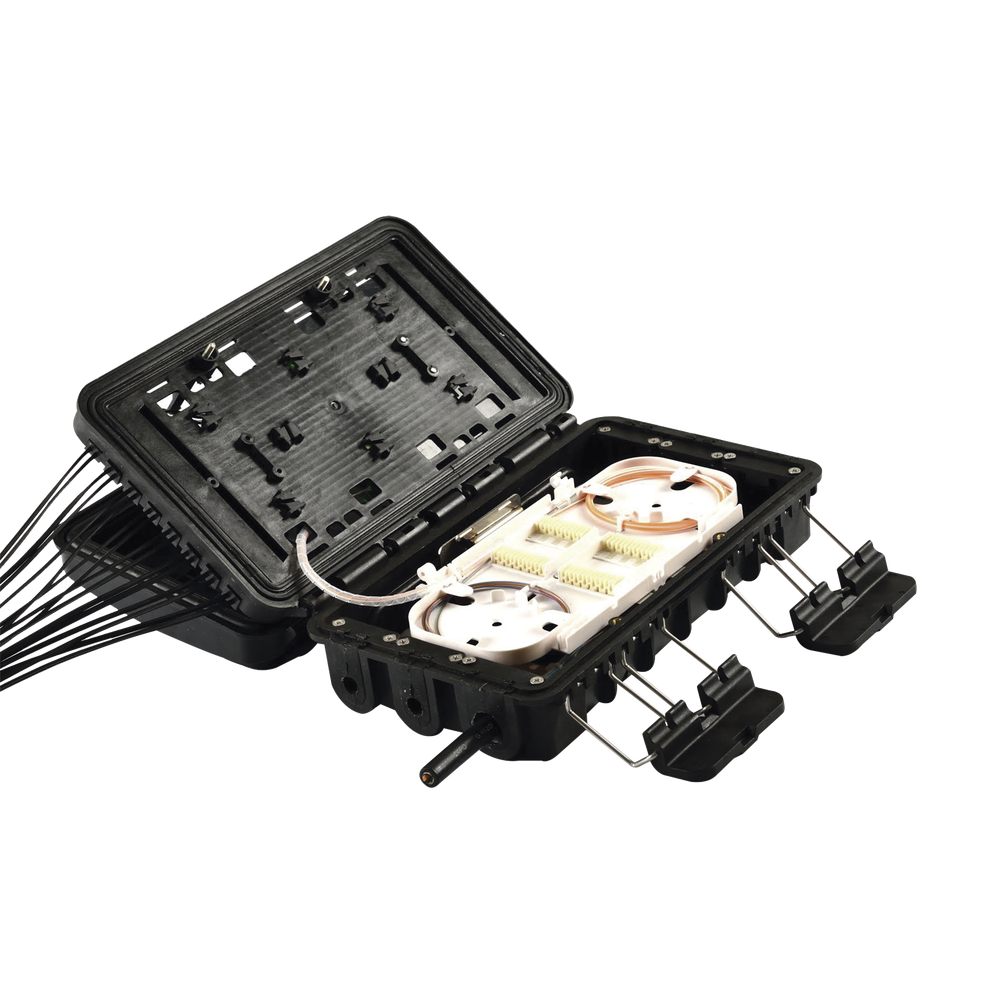 Fiber Optic Distribution Box for 24 Splices, with 16 SC/APC Simplex Couplers, IP65 Exterior, Black