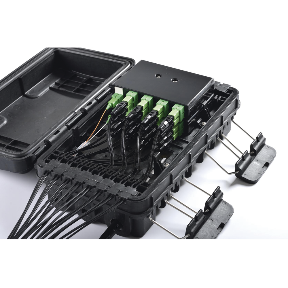 Fiber Optic Distribution Box for 24 Splices, with 16 SC/APC Simplex Couplers, IP65 Exterior, Black