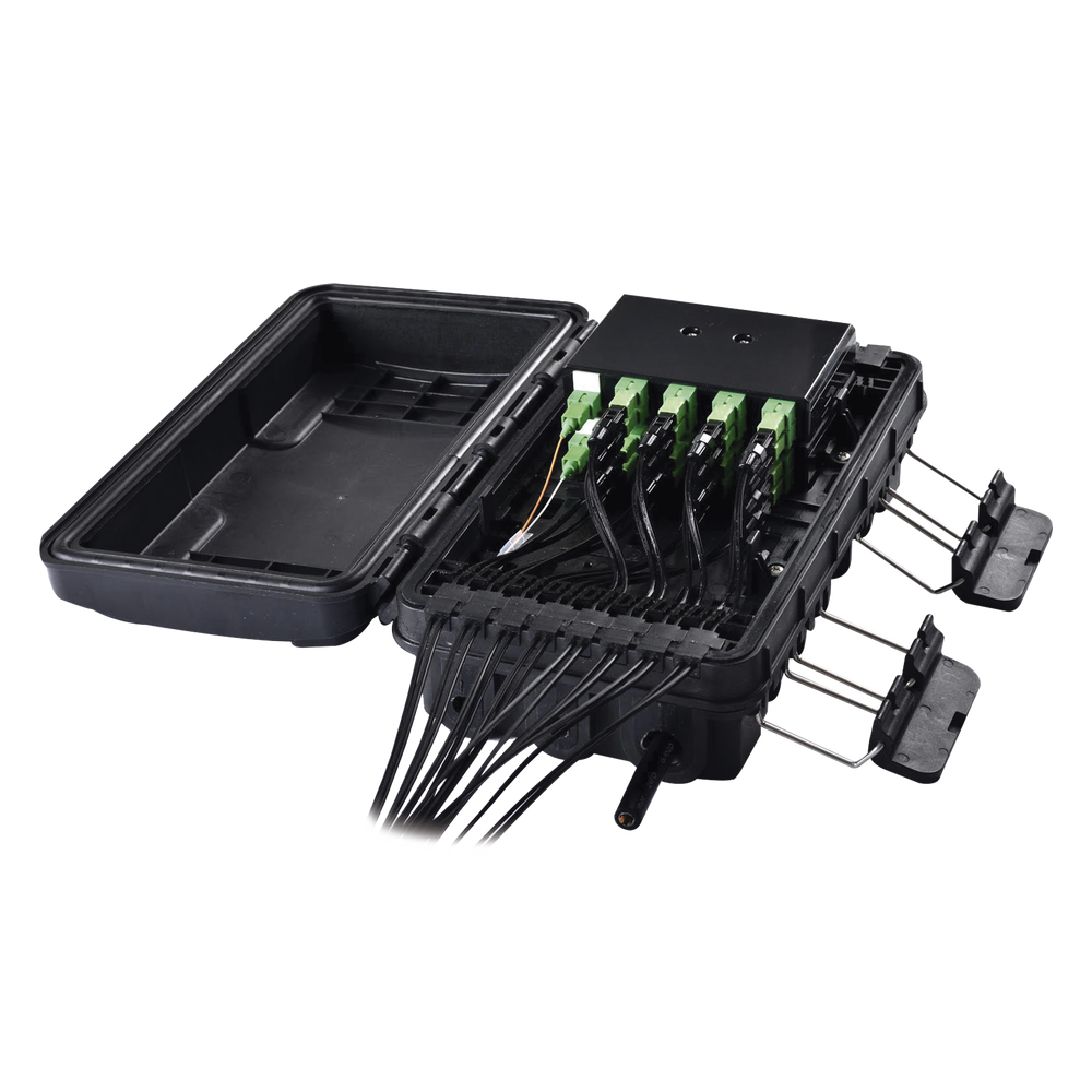 Fiber Optic Distribution Box for 24 Splices, with 16 SC/APC Simplex Couplers, IP65 Exterior, Black