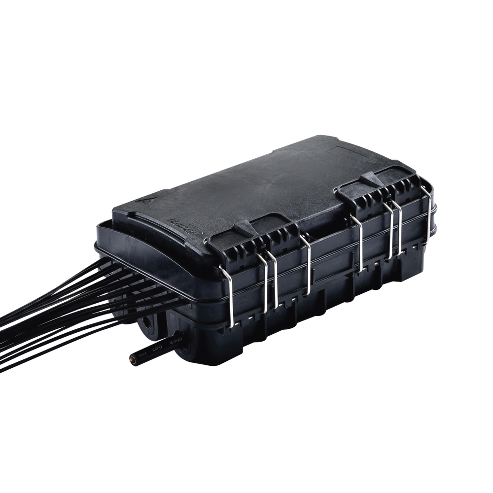 Caja de Distribución de Fibra Óptica para 24 Empalmes, con 16 acopladores SC/APC simplex, Exterior IP65, Color Negro