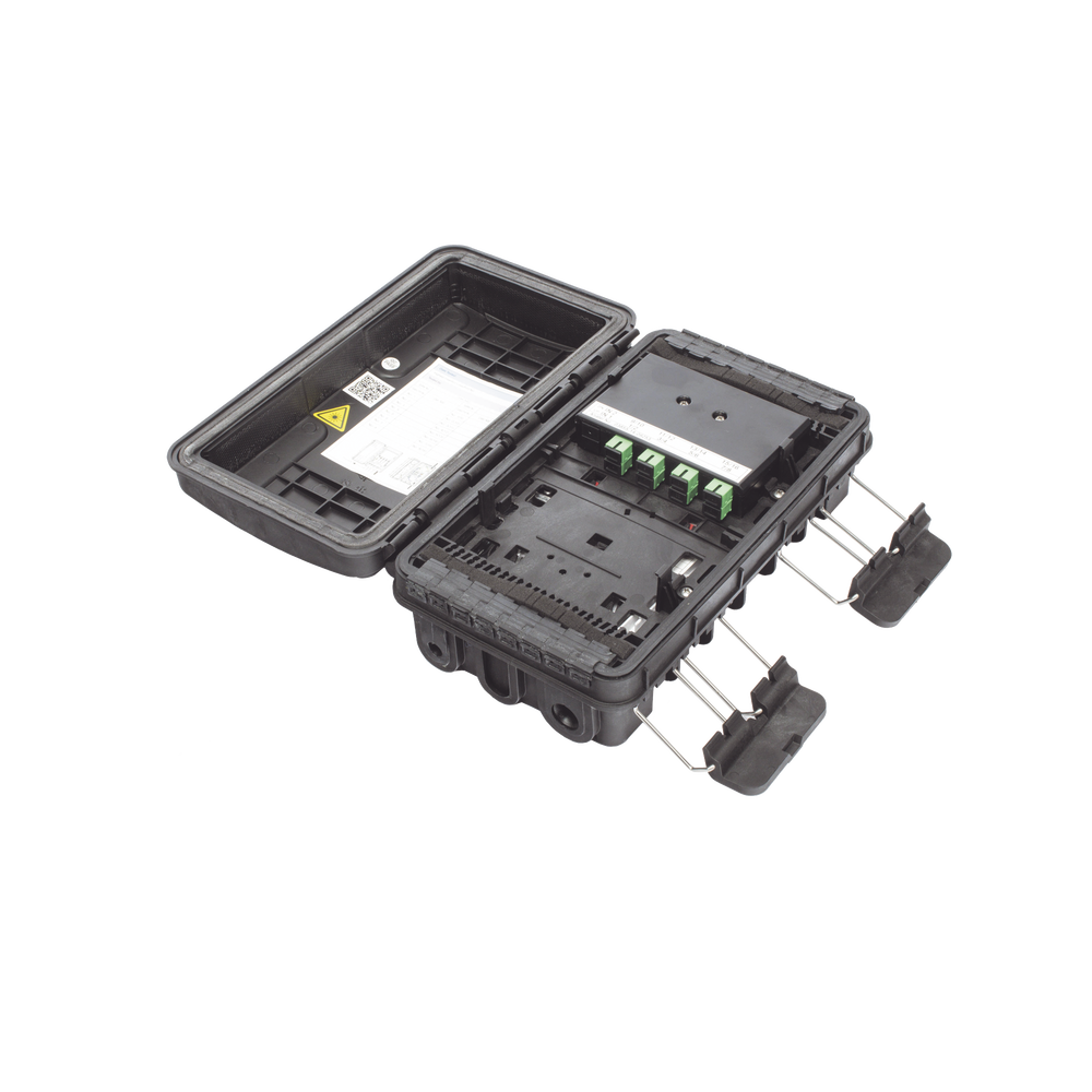 Caja de Distribución de Fibra Óptica para 24 Empalmes, con 8 acopladores SC/APC simplex, Exterior IP65, Color Negro