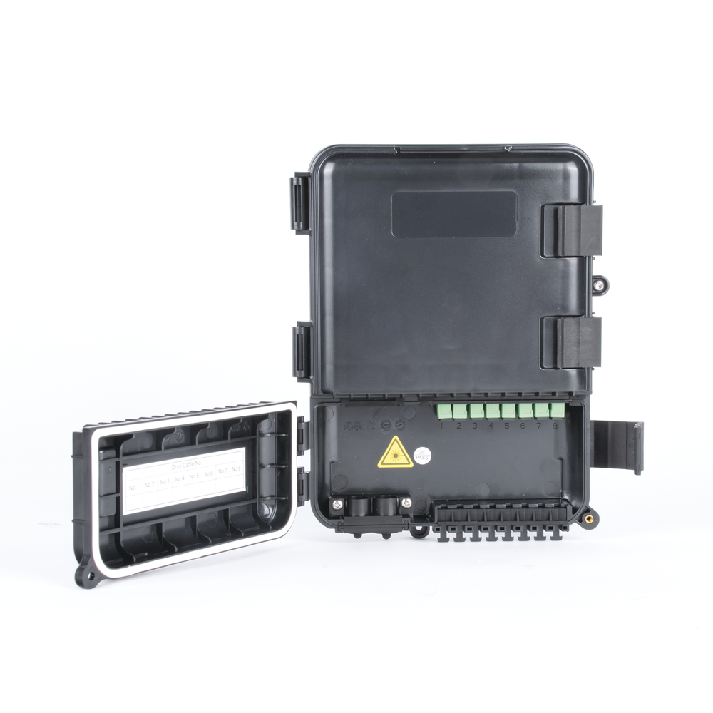 Fiber Optic Distribution Box for 24 Splices, with 8 SC/APC Simplex Couplers, IP55 Exterior, Black