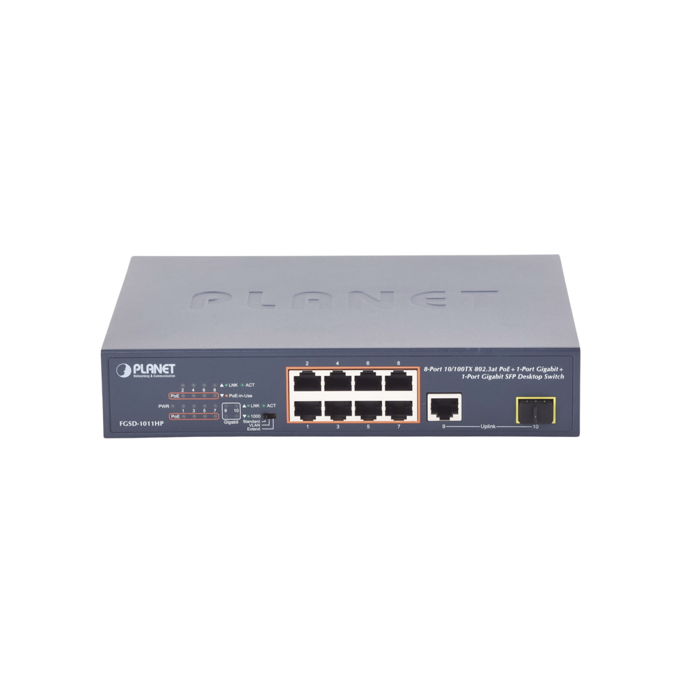 Switch no Administrable 8 puertos 10/100 c/ PoE, 1 puerto Uplink 10/100/1000 y 1 SFP 100/1000 para escritorio