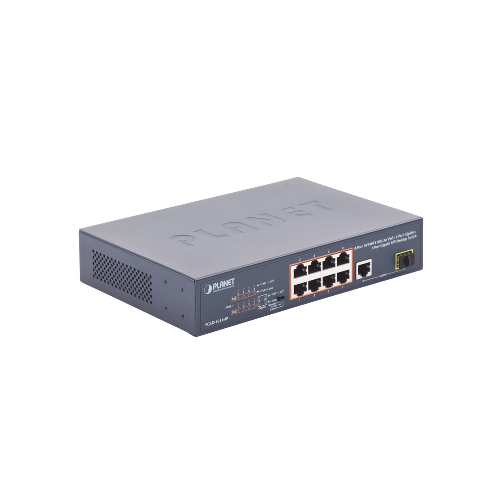 Switch no Administrable 8 puertos 10/100 c/ PoE, 1 puerto Uplink 10/100/1000 y 1 SFP 100/1000 para escritorio
