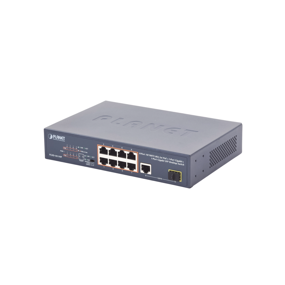 Switch no Administrable 8 puertos 10/100 c/ PoE, 1 puerto Uplink 10/100/1000 y 1 SFP 100/1000 para escritorio