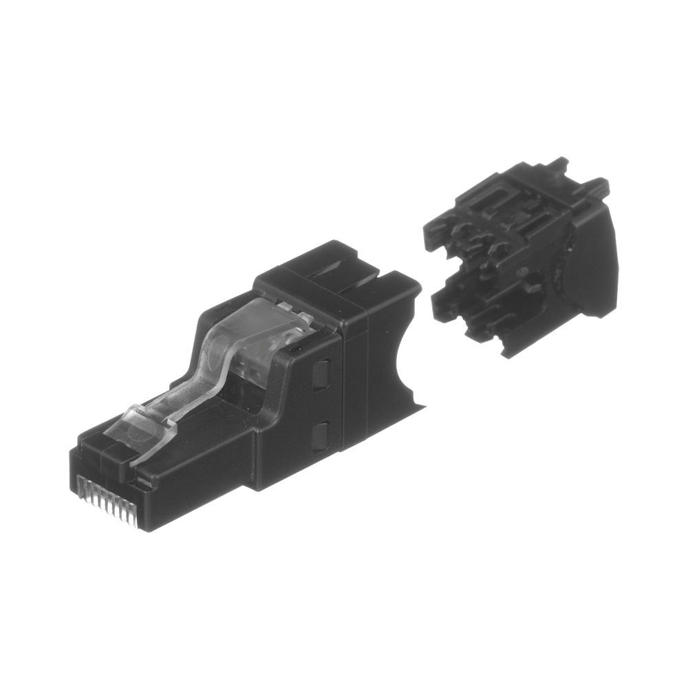 RJ45 UTP Plug, Straight Installation, Field Termination Certifiable, Compatible with Cat5e, Cat6 and Cat6A, Black Color