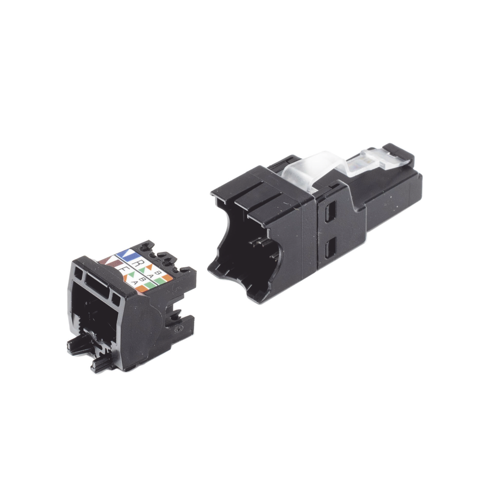 RJ45 UTP Plug, Straight Installation, Field Termination Certifiable, Compatible with Cat5e, Cat6 and Cat6A, Black Color