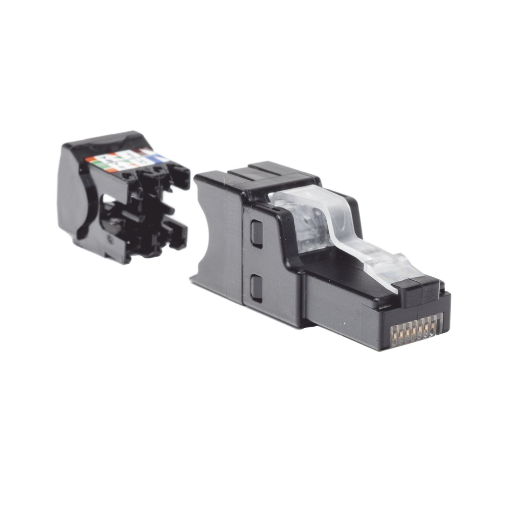 RJ45 UTP Plug, Straight Installation, Field Termination Certifiable, Compatible with Cat5e, Cat6 and Cat6A, Black Color