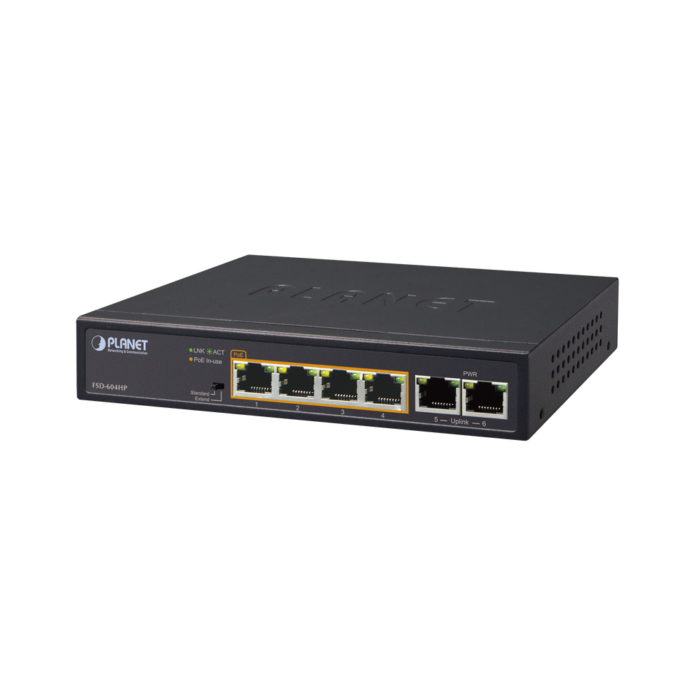 Switch no administrable PoE+, 4 puertos 802.3af/at distancia 250 m + 2 puertos 10/100 de Uplink, Throughput: 0.89 Mpps, Fuente Interna