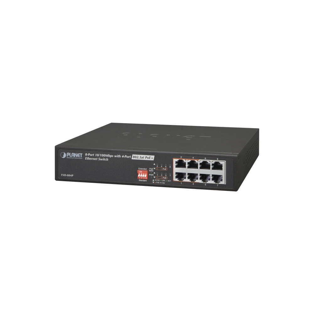 Switch no administrable PoE de 8 puertos 10/100 Mbps con 4 puertos PoE 802.3at extended a 200 mts