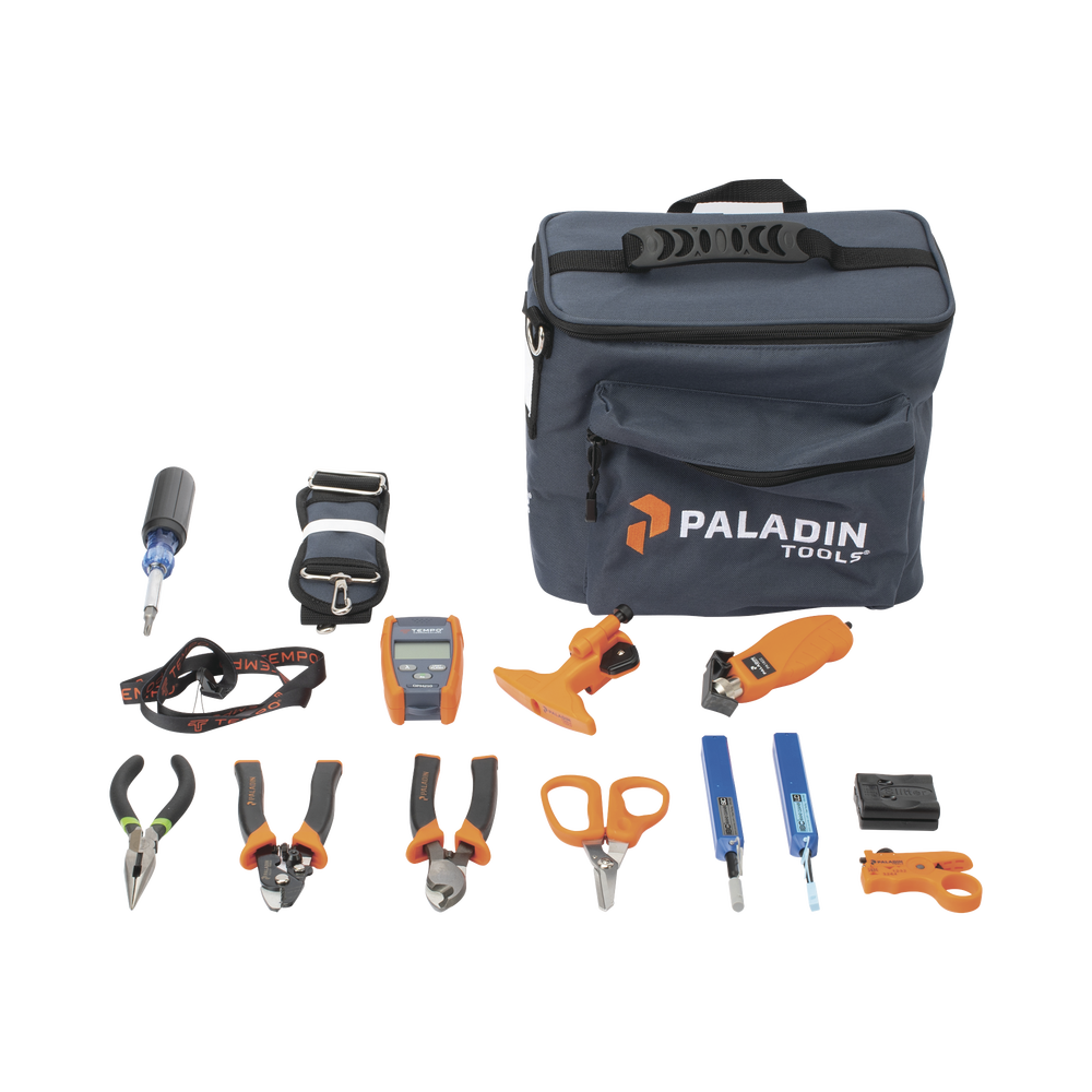 Pro Plus Fiber Optic Installation Tool Kit with port/connector cleaning accessories, fiber optic strippers, and power meter