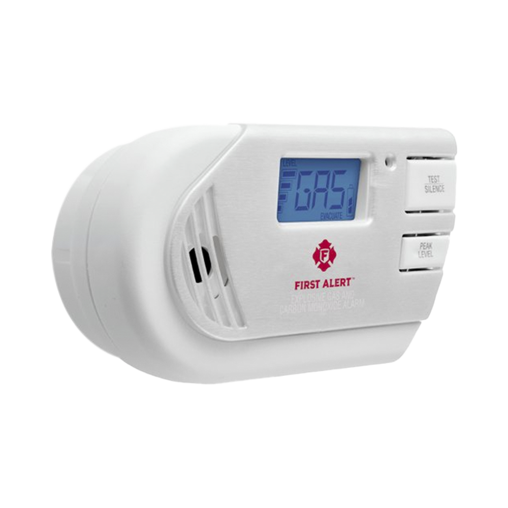 Combination explosive gas and carbon monoxide detector with backlit digital display, plug-in, and battery backup
