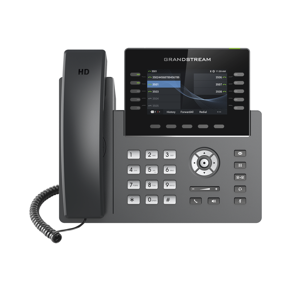 Teléfono IP Wi-Fi, Grado Operador, 10 líneas SIP con 5 cuentas, pantalla a color 4.3", puertos Gigabit, Bluetooth, PoE, codec Opus, IPV4/IPV6 con gestión en la nube GDMS