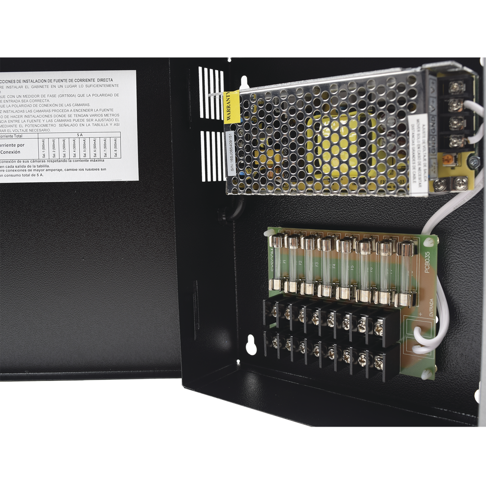 Professional CCTV power supply of 12-13.2Vdc @5A, 8 cameras, Input voltage: 100-240 Vac (Manageable Fuses)