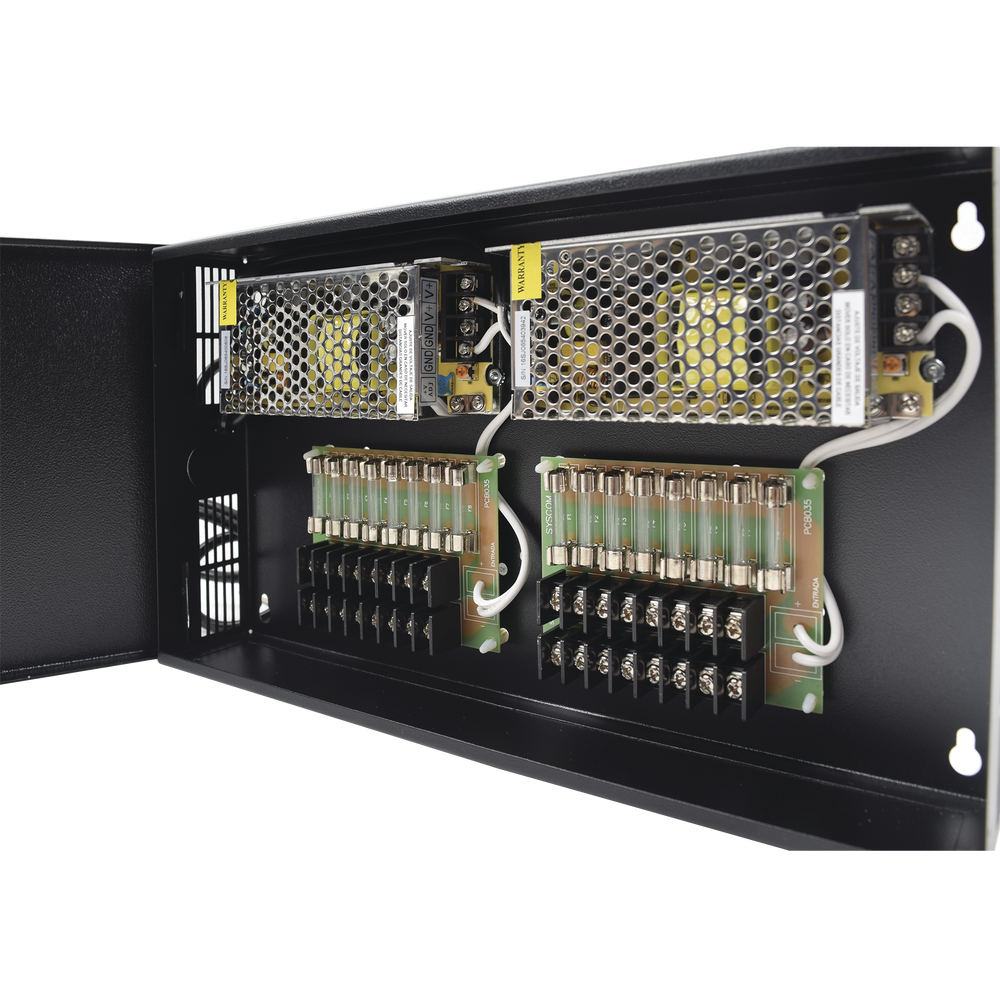 Fuente de poder profesional CCTV de 12-13.2 Vdc @10A, 16 cámaras, volt. de entrada: 100-240 Vca (Fusibles Administrables)