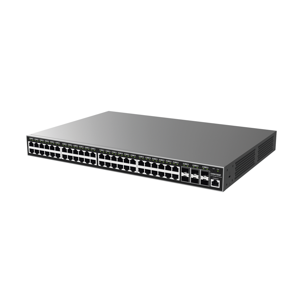 Managed Gigabit PoE+ Switch / 48 10/100/1000 Mbps ports + 4 SFP Uplink ports / Up to 360W / Compatible with GWN Cloud.