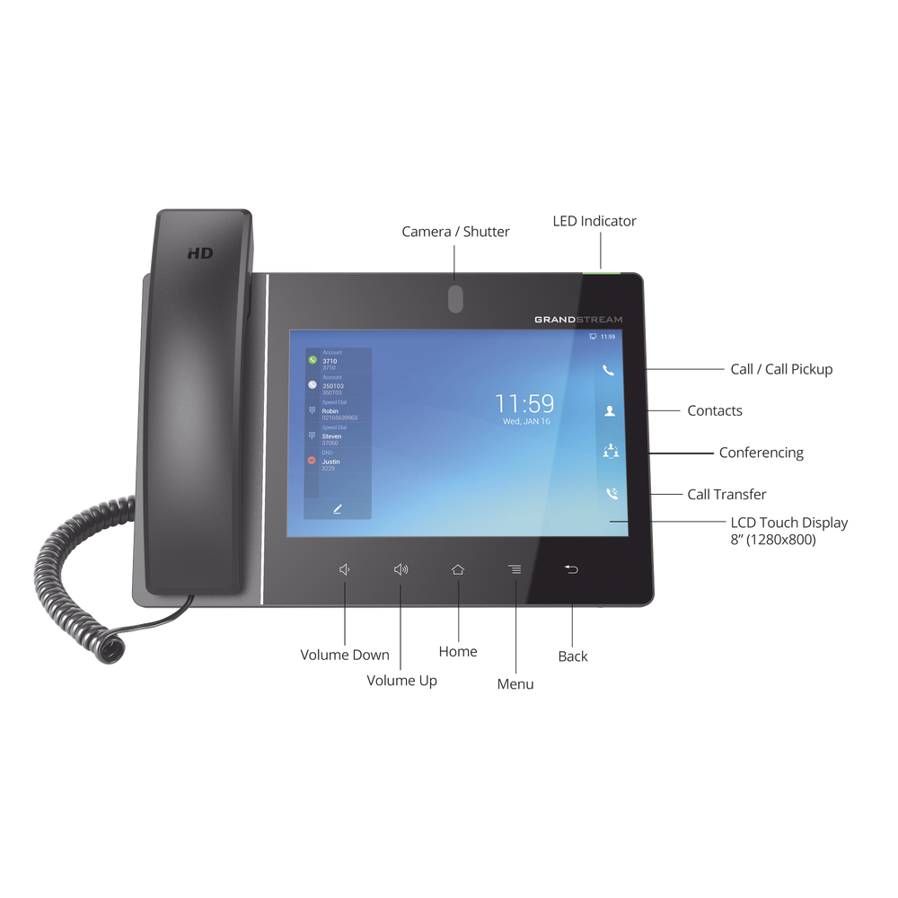 Video teléfono IP empresarial Android con pantalla táctil (1280x800) hasta 16 líneas y 16 cuentas SIP