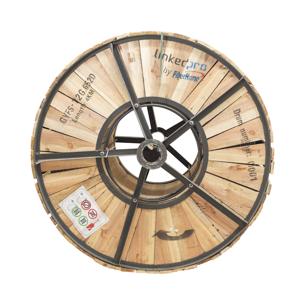 4km reel of G.652D outdoor fiber optic, armored, 12-strand single-mode, loose tube, black.