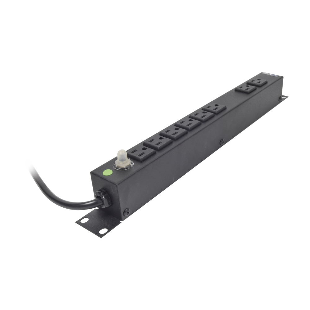 8-Contact Horizontal Power Strip (PDU) (NEMA 5-15R) 19" Rack 1RU. Input/Output Voltage: 120Vac/15A
