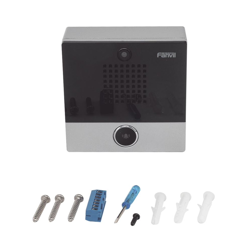 Mini video intercom for hotels and hospitals, with elegant design, PoE, 1Mpx camera, 1 button, 1 integrated input and output relay.