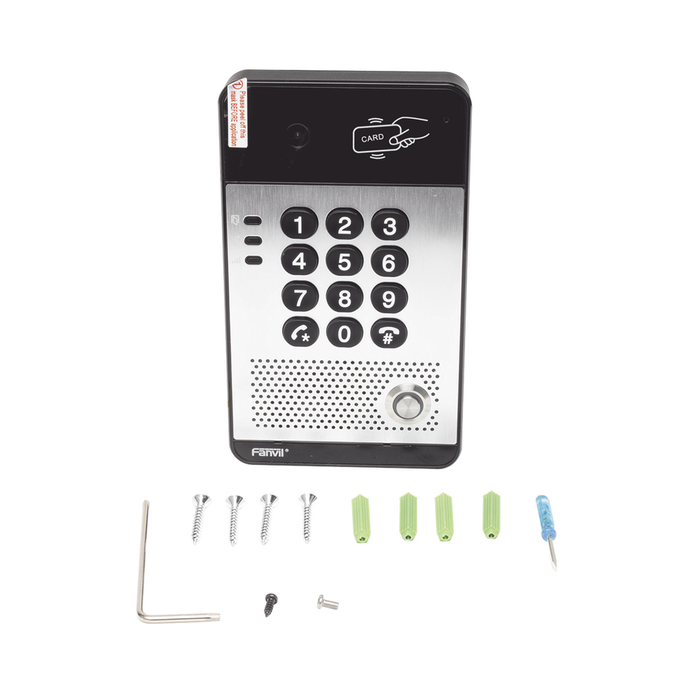Vídeo Portero IP con 2 líneas SIP, cámara HD, relevador integrado, teclado numérico y lectora de tarjetas RFID para control de acceso, PoE