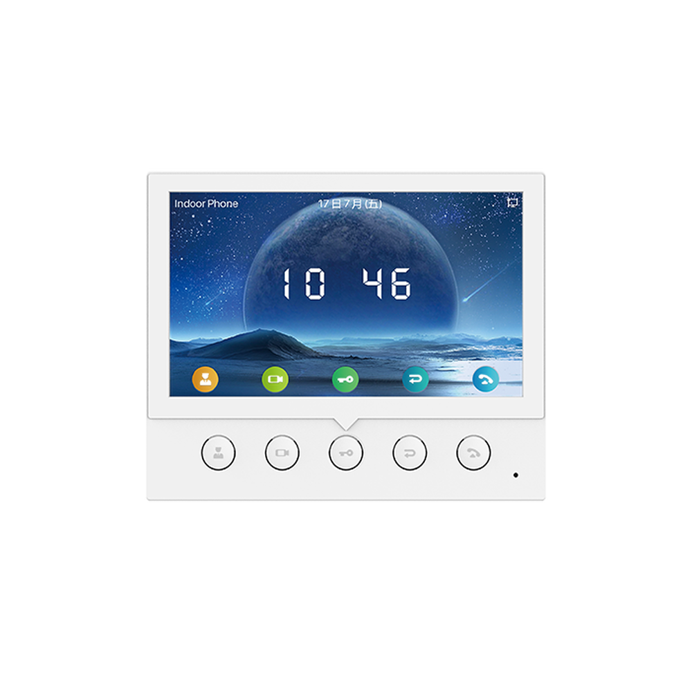 Indoor IP/SIP monitor, Wi-Fi, 7" color display, 2-way audio, PoE, 8 alarm input interfaces.