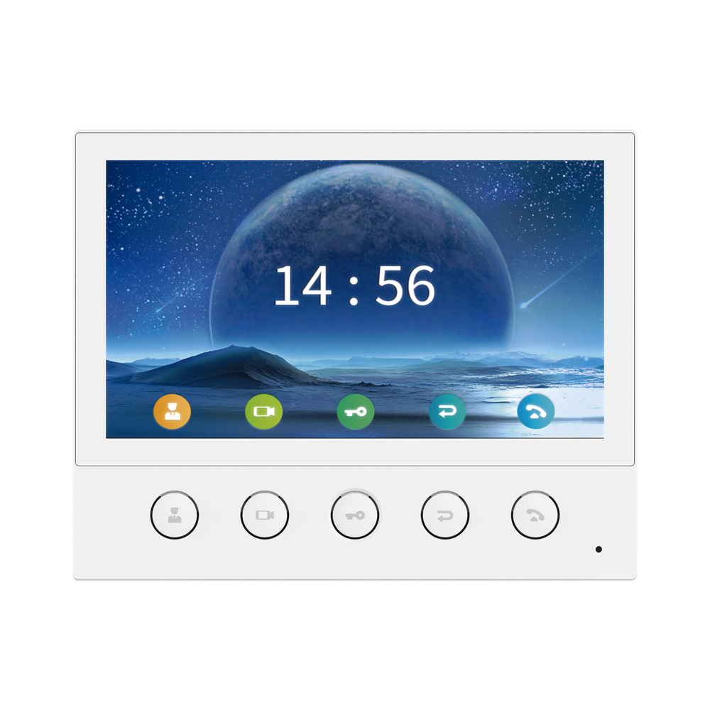Indoor IP/SIP monitor, Wi-Fi, 7" touchscreen, 2-way audio, PoE, 8 alarm input interfaces.