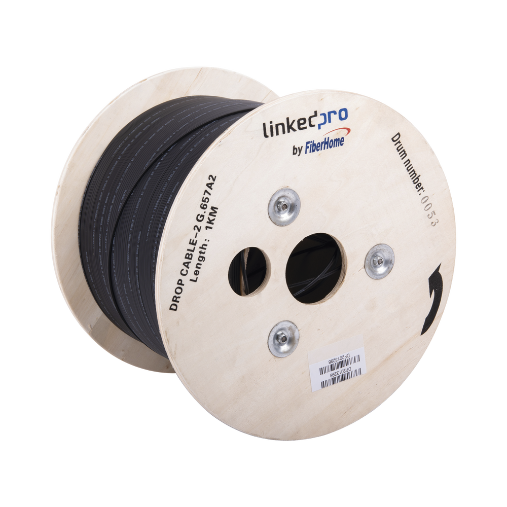 Carrete de 1 km de Fibra Óptica Drop, Interior/Exterior G.657A2 Monomodo de 2 hilos (bifibra), Dieléctrica, Forro Negro