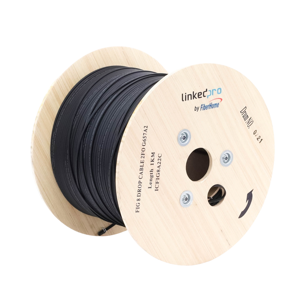 Carrete de 1 km de Fibra Óptica Aérea Mini Figura 8 G.657A2 tipo Drop, Monomodo de 2 Hilos (bifibra), Color Negro