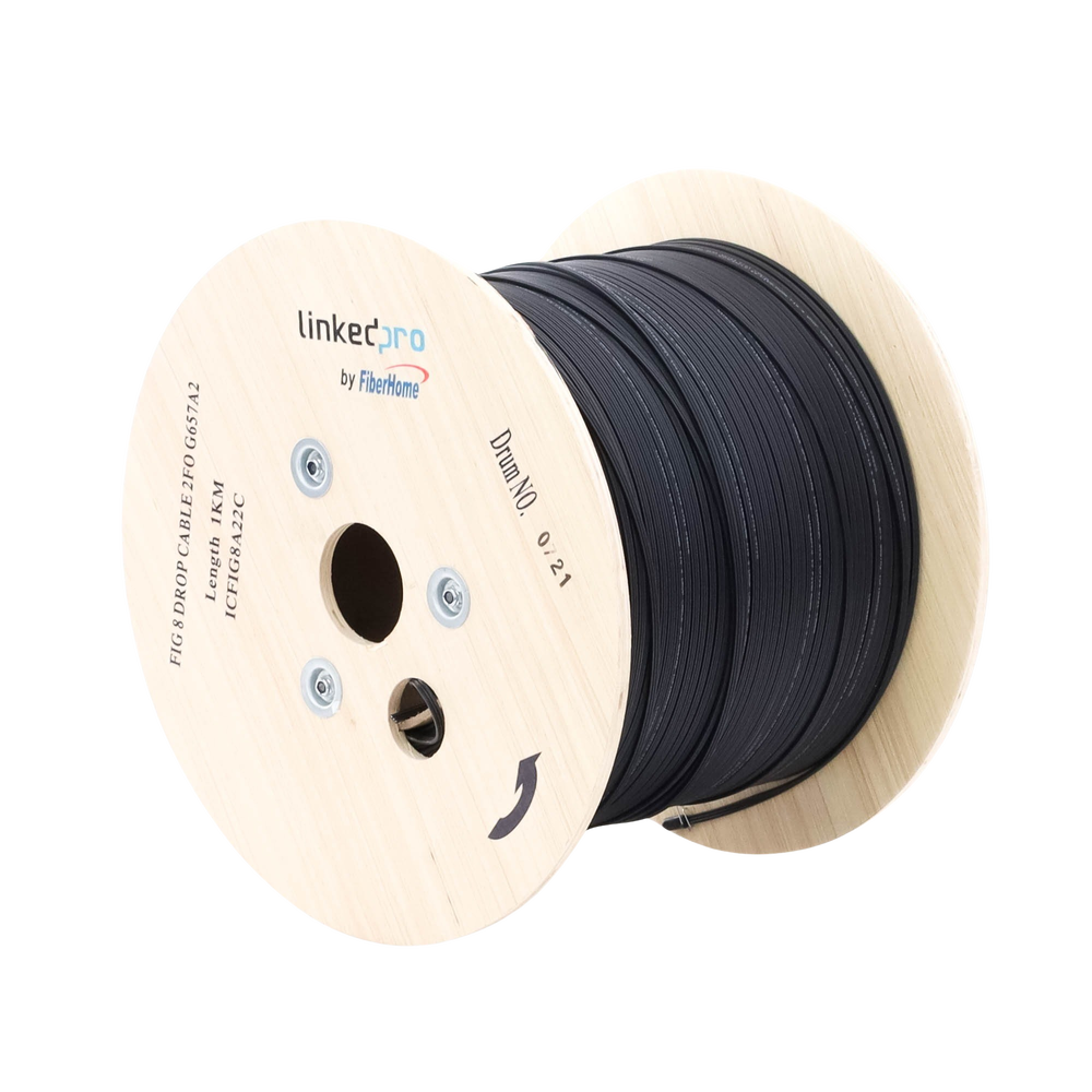 Carrete de 1 km de Fibra Óptica Aérea Mini Figura 8 G.657A2 tipo Drop, Monomodo de 2 Hilos (bifibra), Color Negro