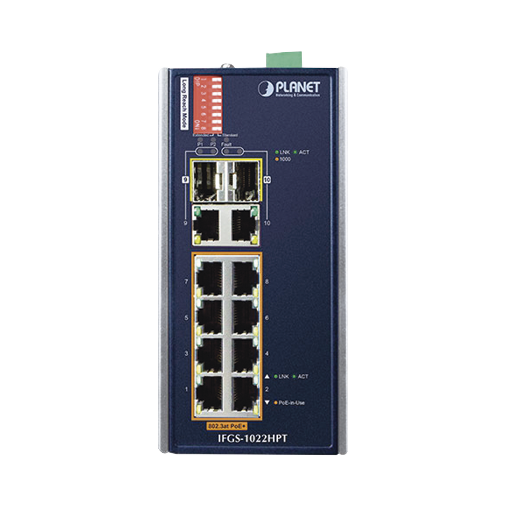8 Port 10/100TX 802.3at Unmanaged Industrial PoE Switch, Up to 240W, Gigabit TP/SFP Combo (-40~75 degrees C)