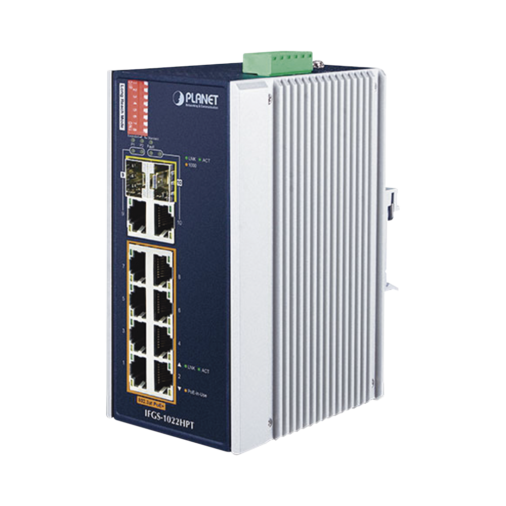 Switch Industrial PoE no administrable de 8 Puertos 10/100TX 802.3at, Hasta 240 W, Combo TP / SFP Gigabit TP / SFP (-40 ~ 75 grados C)