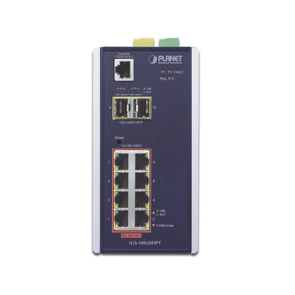 Layer 2 Managed Industrial Switch, 8 Gigabit 802.3af/at PoE ports, 2 1/2.5 Gigabit SFP ports, Secondary Power Input for Redundant Power
