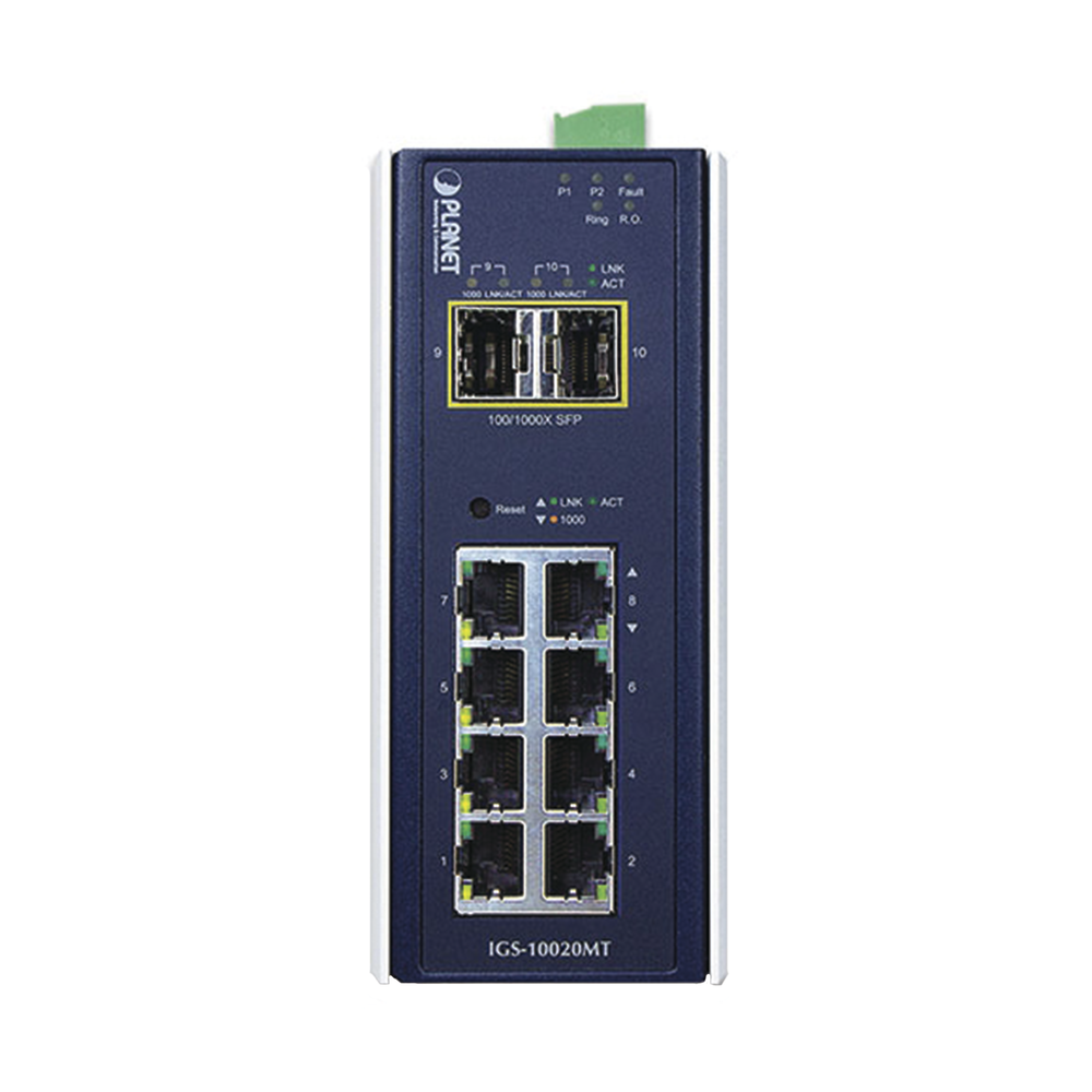 Industrial Manageable Layer 2 Switch, 8 Ports 10/100/1000T, 2 SFP Ports 1G / 2.5 G BASE