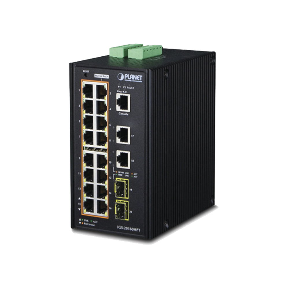 Switch Industrial Administrable 16 puertos 10/100/1000 T 802.3at PoE + 2 Puertos 10/100/1000 T + 2 puertos 100/1000 X SFP
