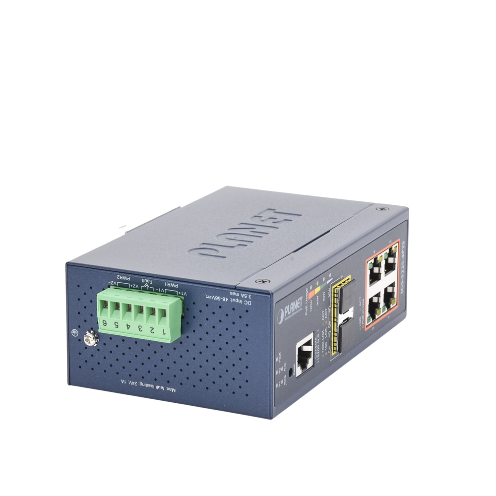 Layer 2 Managed Industrial Switch, 4 PoE Ports 802.3af/at 10/100/1000T, 2 SFP 100/1000X Ports