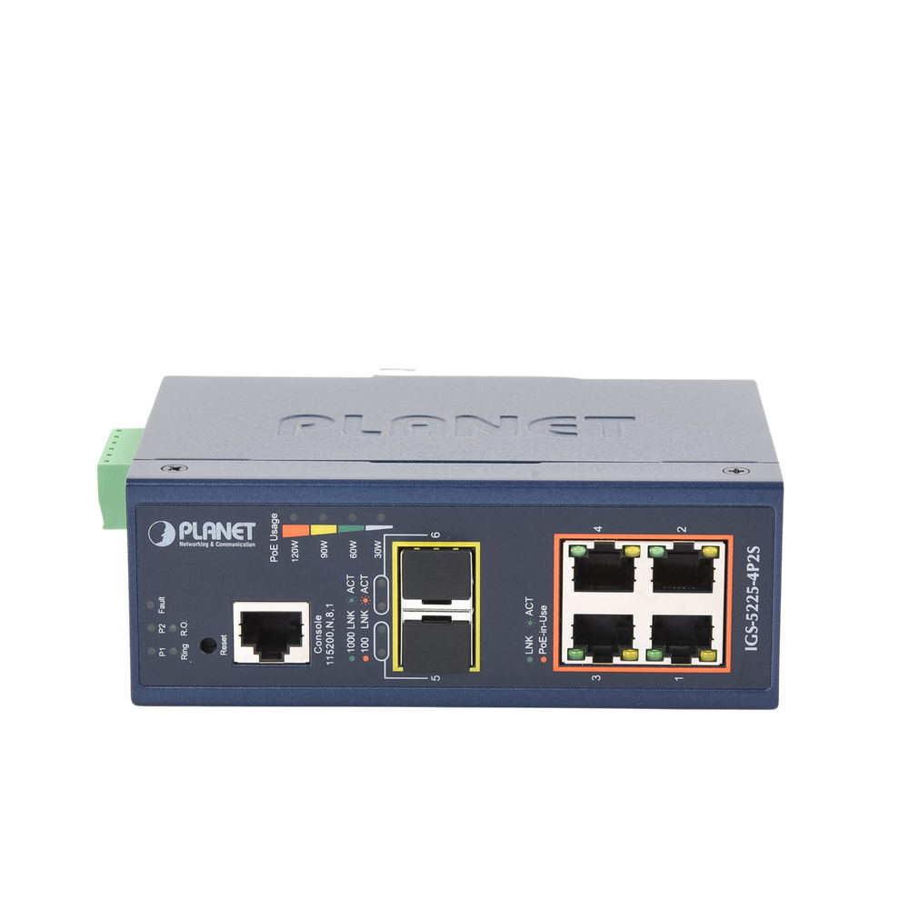 Layer 2 Managed Industrial Switch, 4 PoE Ports 802.3af/at 10/100/1000T, 2 SFP 100/1000X Ports