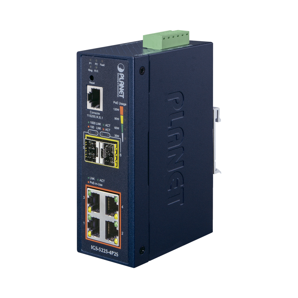 Switch Industrial Administrable Capa 2, 4 Puertos PoE 802.3af/at 10/100/1000T, 2 Puertos SFP 100/1000X