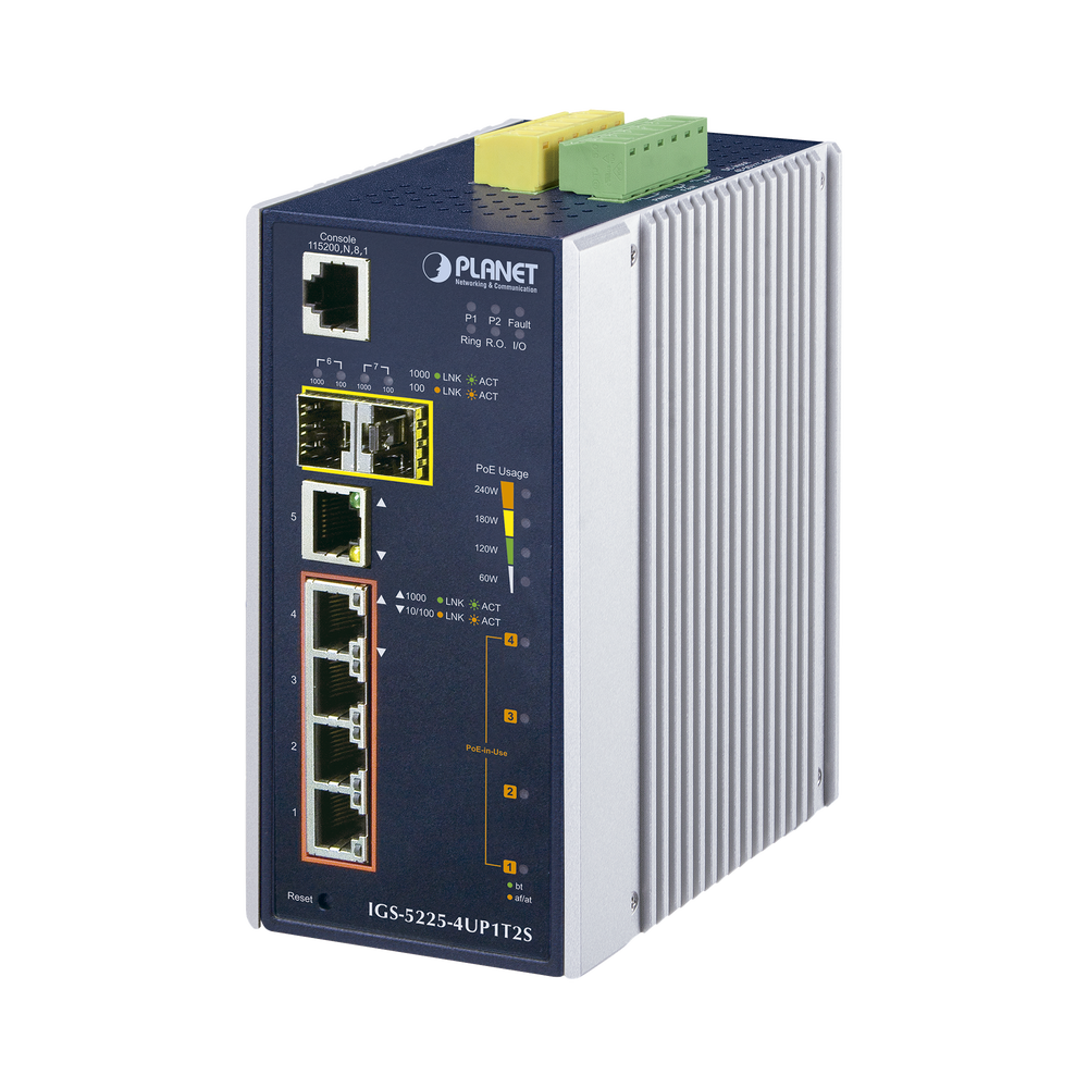 Switch Industrial Administrable 4 Puertos Gigabit c/Ultra PoE 802.3af/at, 2 Puertos SFP