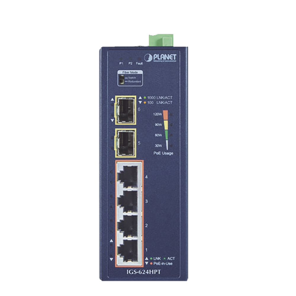 Unmanaged Industrial PoE Switch with 4 PoE Ports 10/100/1000T 802.3at, 2 10/1000X SFP Ports