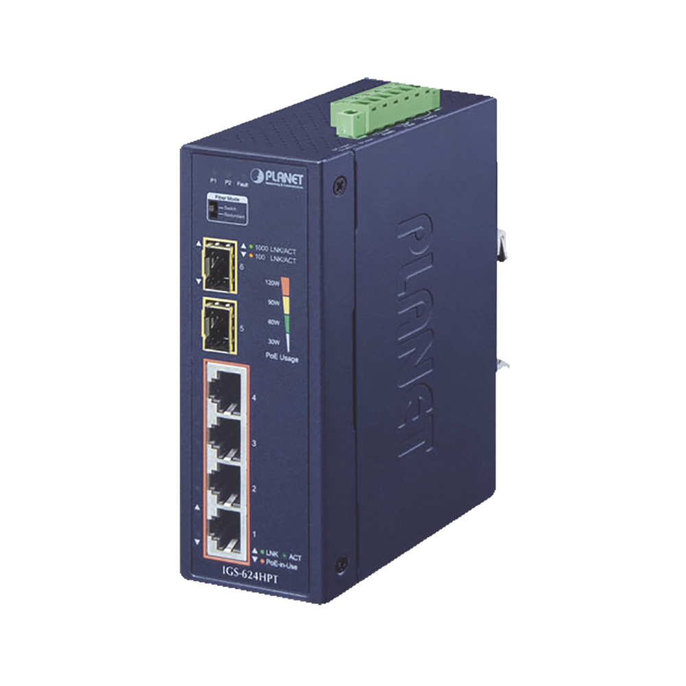 Switch PoE Industrial No Administrable de 4 Puertos PoE 10/100/1000T 802.3at, 2 Puertos SFP 10/1000X