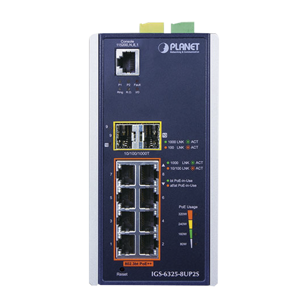 Layer 3 Managed Industrial Switch, 8 Gigabit PoE 802.3bt+ Ports, 2 1 G / 2.5 G SFP+ Ports