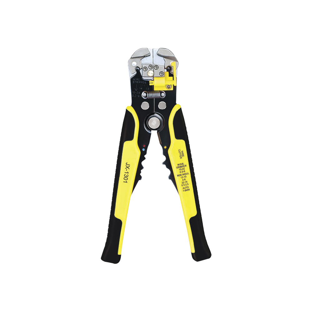Multifunctional wire stripper pliers, with tab terminal, automatic crimping, yellow color.