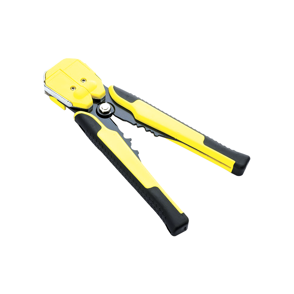 Pinza multifuncional Pelacables, con terminal de pestaña, prensado automático de color amarillo.