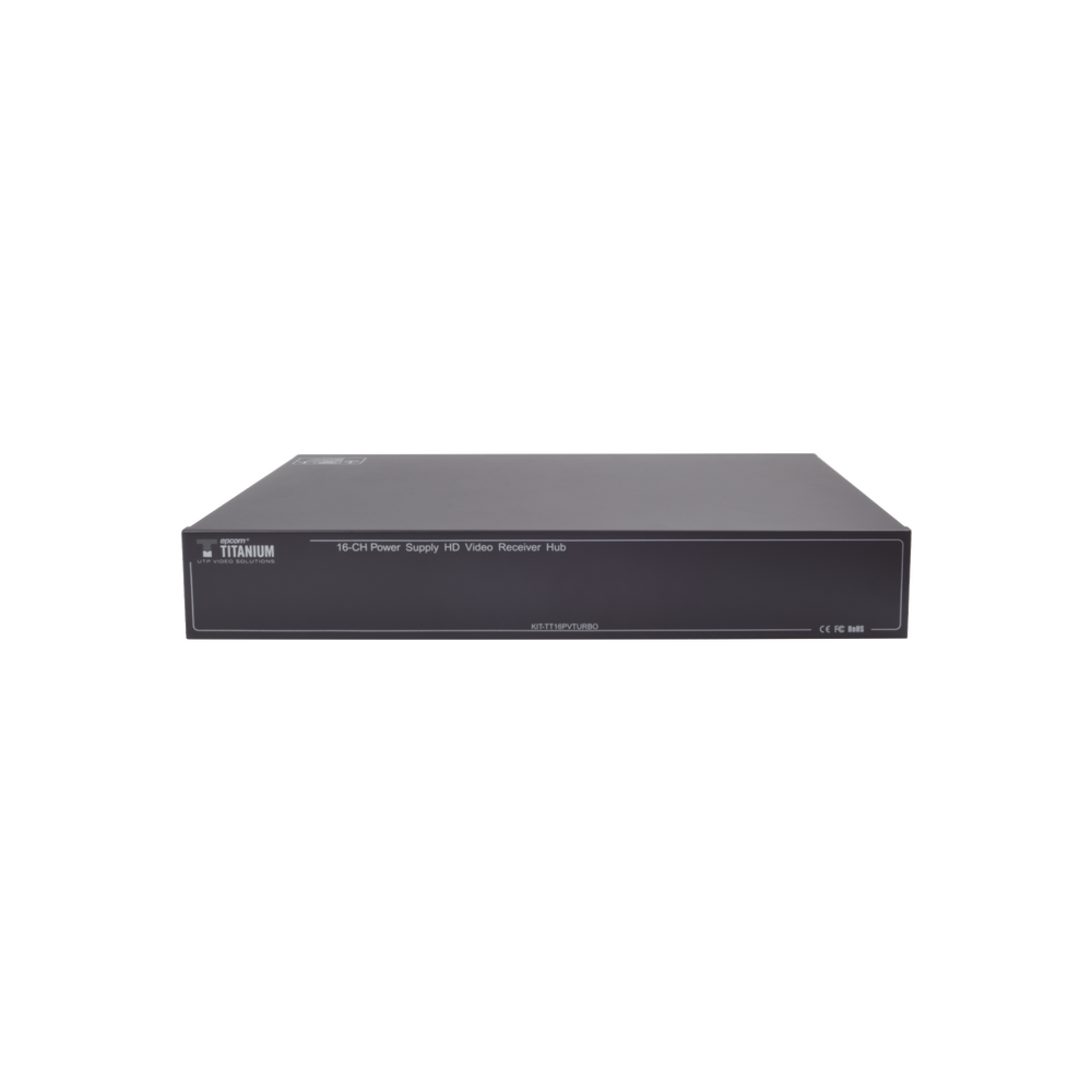 16 Channel Active Transceiver Kit / Video + Power in a single UTP Cable / 150m in 4K, 200m in 5 MP / Sends 36 Vdc and receives 12 Vdc / All Included for Rack / Compatible with HD-TVI / CVI / AHD / CVBS cameras / Clean Installation
