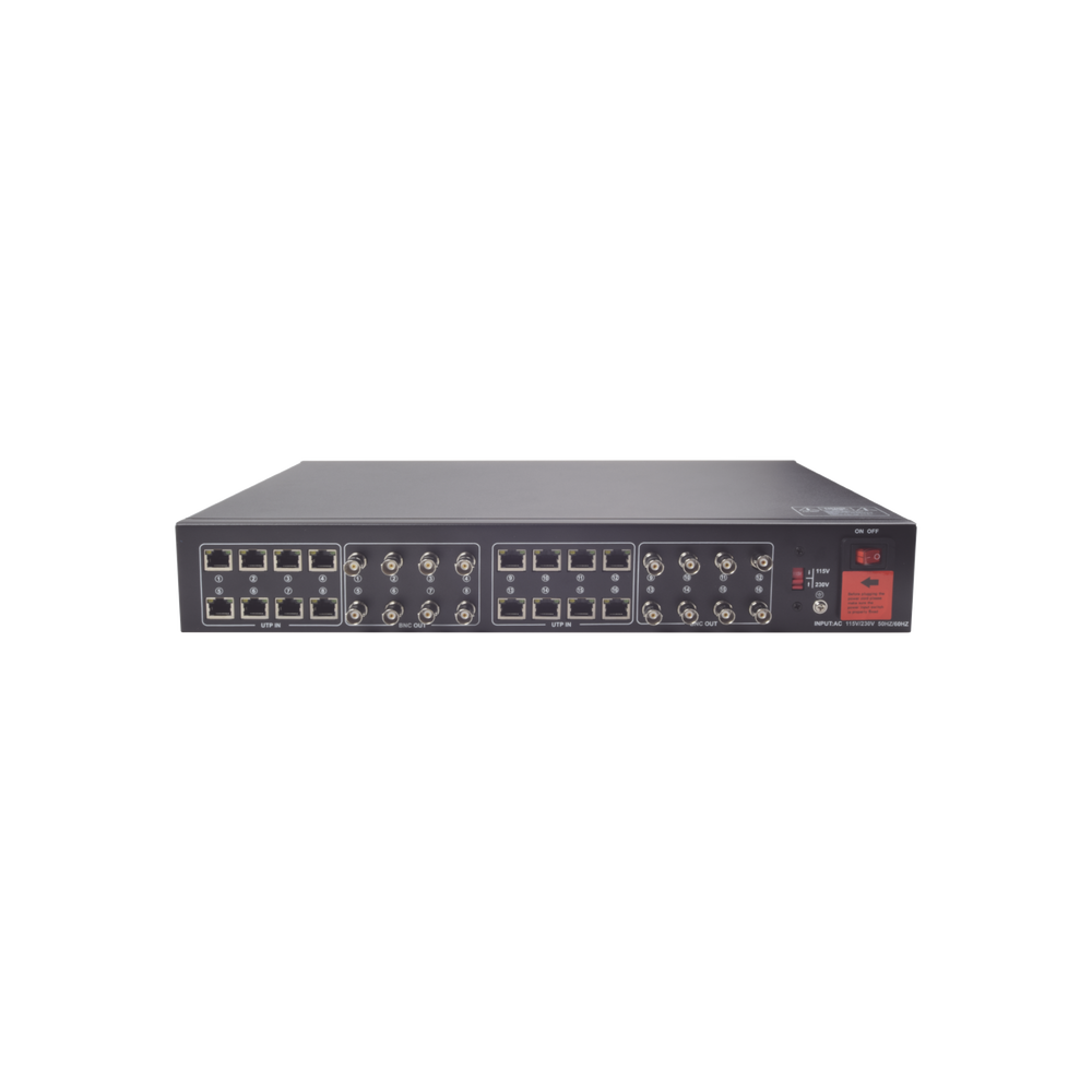 16 Channel Active Transceiver Kit / Video + Power in a single UTP Cable / 150m in 4K, 200m in 5 MP / Sends 36 Vdc and receives 12 Vdc / All Included for Rack / Compatible with HD-TVI / CVI / AHD / CVBS cameras / Clean Installation